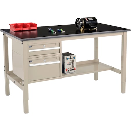 Global Industrial 72 x 30 Production Workbench, Phenolic Safety Edge, Drawers & Shelf, Tan 319253TN